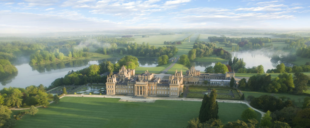 Aerial view of 18th century Blenheim Palace and grounds. Garden designed by Capability Brown.